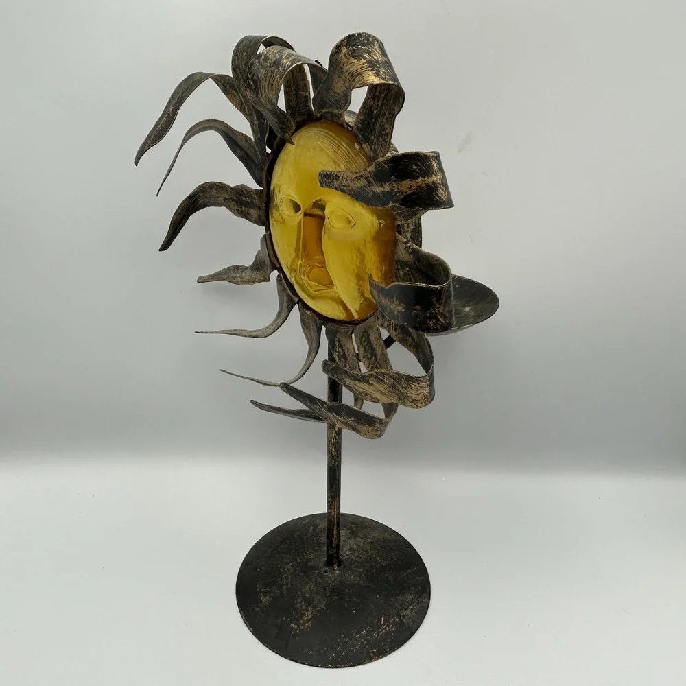 Celestial Sun 90s Y2K Face Metal Bronze Candle Holder Stand Amber Glass Zodiac